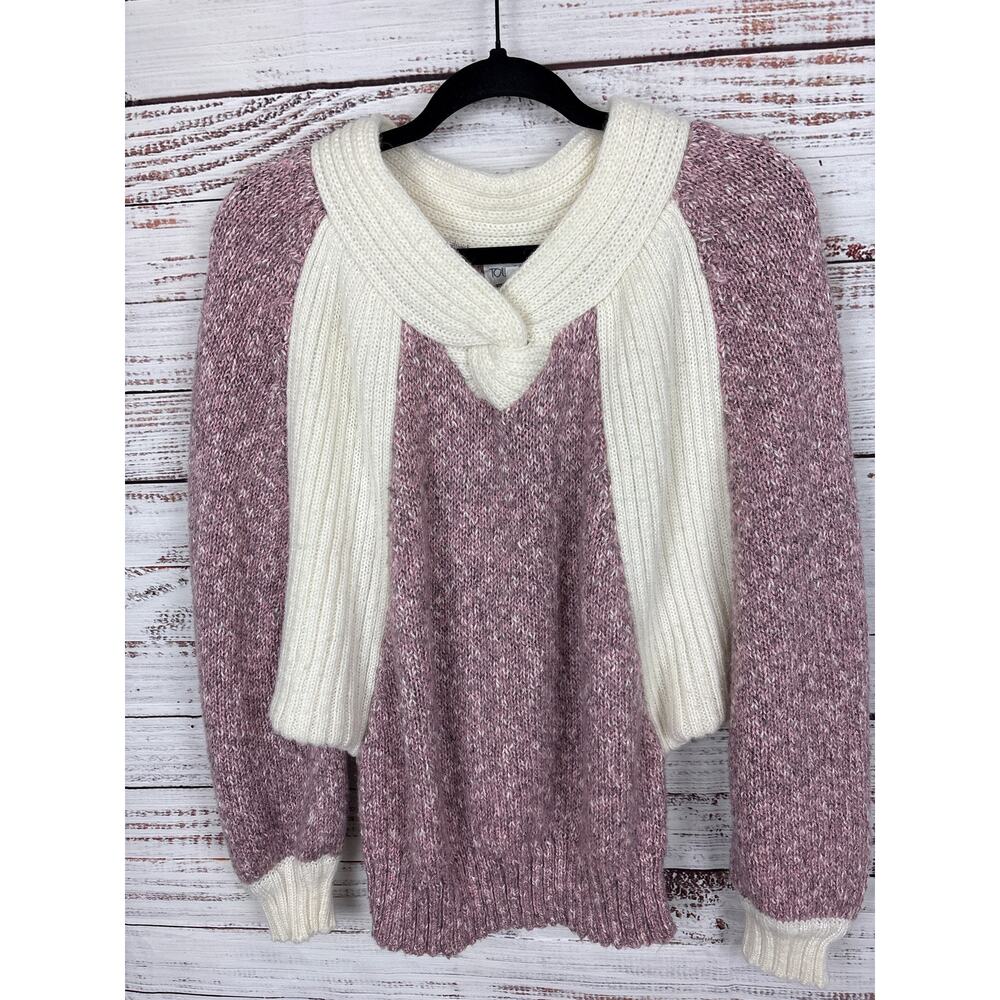 Womens VTG 90s Toujours Purple Cream Chunky Dolman Sleeve V Neck Sweater Sz M